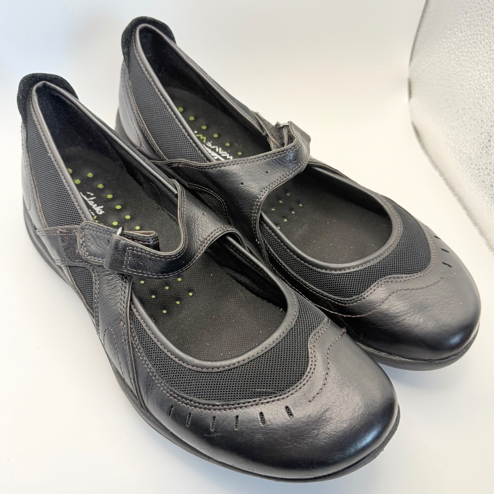 Women's Clarks Wave Walk Black Leather Mary Jane Velcro Slip On Comfort SZ 11